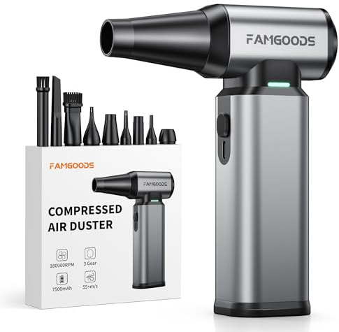 Famgoods Compressor Air Duster, Super Power Cordless Electric Air Duster, 180000RPM 3-Gear Adjustable Mini Blower with LED Light for Keyboard, Car, Electronics