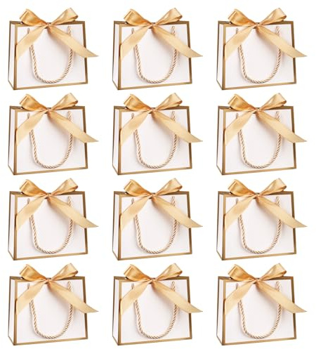 12 Stück Kleine Geschenktüten mit Henkel, 16.3× 14× 7.9 cm Mini Geschenktüten Weiß Geschenktasche für Hochzeit Geburtstag