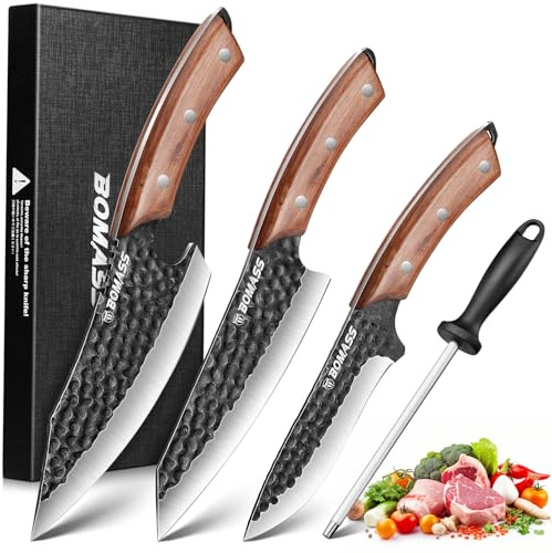 BOMASS Kitchen Knives, Hand Forged Japanese Knife Set 3Pcs, High Carbon Butcher Knife & Santoku Knife & Boning Knife & Honing Rod for Home Kitchen, BBQ, Outdoor Cooking
