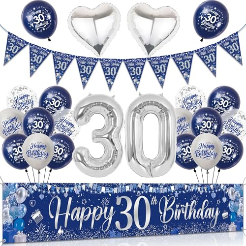 Tasoraor 30 Geburtstag Deko Mann Set - Blau Silber Große Happy 30 Birthday Banner, Konfetti Ballons Wimpel und XXL Zahlen Luftballon für Männer 30 Geburtstagsdeko