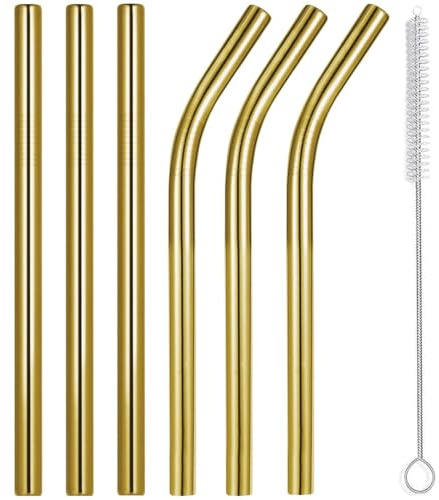 Spunklad 6pcs Metal Straws Drinking, 8.5'' Gold Reusable Straws, Stainless Steel Straw for Home, Travel Straw