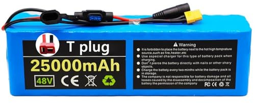 Batería de Litio de Bicicleta Eléctrica 48V 25Ah Baterías de Iones de Litio para Patinetes Eléctricos 13S3P con Cargador 54.6V para 200W 350W 500W 800W 1000W Motor T Plug,48V 25Ah