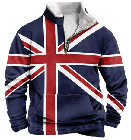 Men's Union Jack Sweatshirt, Standing Collar, Long Sleeve Zipper Sweatshirt with Pocket, Casual Outdoor