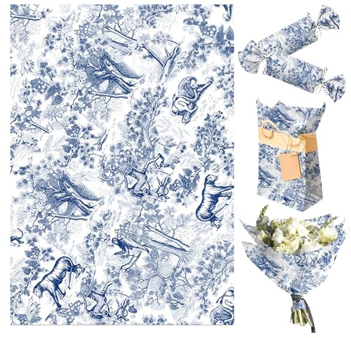 JeVenis Blaues französisches Seidenpapier Geschenkpapier Vintage Partydeko | 30 Blatt Blaues französisches Seidenpapier Geschenkpapier Vintage Blumen Verpackung Gemustert für Babyparty Hochzeit