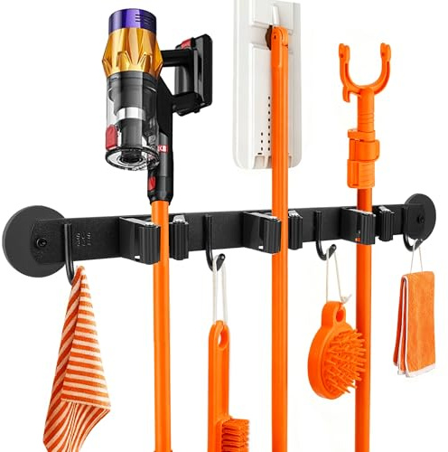 Xiuouix Magnetic Broom Holder Wall Mount with 4 Hooks and 3 Rack- Heavy Duty Non-Slip Mop Hanger for Wet Mops &Cleaning Tools on Refrigerator,Metal Door,Garage,Kitchen (3Racks 4Hooks)