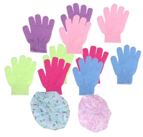 TOPBATHY Badehandschuhe und Spitzenmützen-set Fünf-finger-duschhandschuhe und Duschhauben Verschiedene Farben Badehandschuhe Badehauben aus Weichem Nylon zum Peelen und Zufällige Farbe