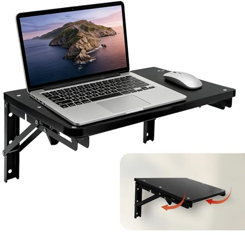 GHWMYD Table Murale Rabattable pour Petit Espace, 42x30cm Étagère Flottante | Petite Bureau Mural Rabattable pour Salon Chambre Buanderie Cuisine, Tablette Bois avec 2 Equerre Pliable, Noir Etabli Pliant