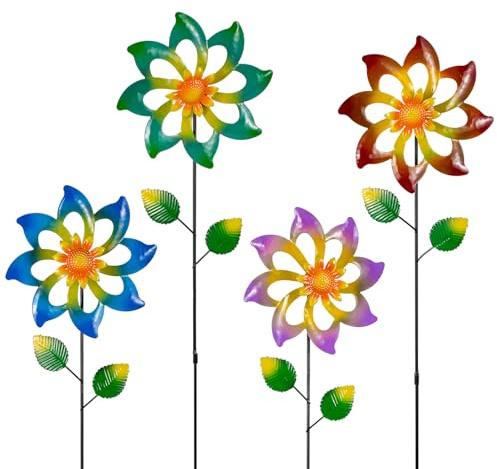 Qipade 4 Pack Wind Spinners Outdoor, Colorful Metal Flower Windmill, Small Pinwheels Decorative Garden Stakes for Yard Patio Lawn Garden Decor, 27 x 7 Inches