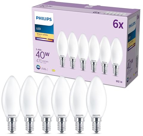 Philips LED-ljuskälla, 6-pack, B35, E14, 470 Lumen, 40 W, Kronljusdesign, LED Lampa, Lång Livslängd, Belysning med Varmvitt Ljus, 2 700 K, Frostad Glödlampa