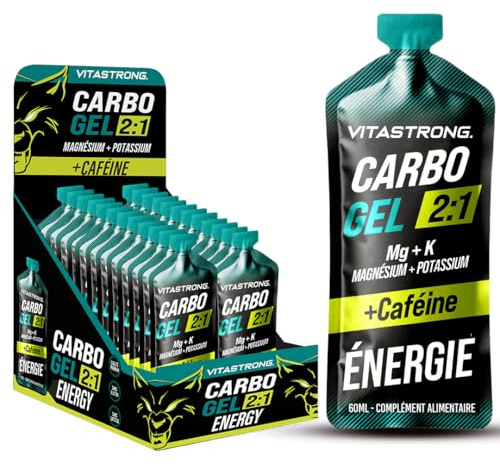 Gel Energetique Running 2:1 avec Caféine Vitastrong, 24 Sachets 60ml avec Paille, Gel Course à Pied, Cyclisme, Glucides Multi Sources avec Magnésium et Potassium, Énergie Rapide, Goût Pêche