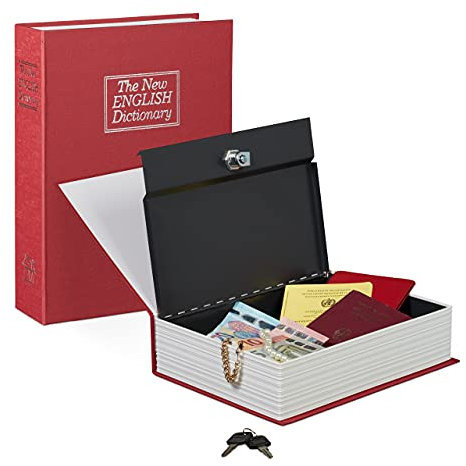 Relaxdays Buchtresor groß, verschließbar, Stahlkassette, 2 Schlüssel, H x B x T: 27 x 20 x 6,5 cm, Geldkassette, rot