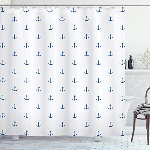 ABAKUHAUS Anker Duschvorhang, Vivid Blue Anchor, Stoffliches Gewebe Badezimmerdekorationsset mit Haken, 175 x 180 cm, Blau Weiß