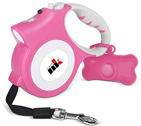Makife Einziehbar Hundeleine 5m unter 25kg Große und Mittelgroße Hunde, Taschenlampe, Hundekotbeutel mit Beutelspender - Rosa