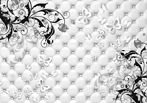 wandmotiv24 Fototapete Schmetterlinge grau Blumen Zweig Polster, XL 350 x 245 cm - 7 Teile, Wanddeko, Wandbild, Wandtapete, Blumenranke Ornamente M4447
