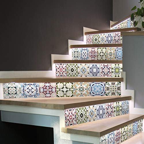 Stickers adhésifs escalier carrelages | Sticker Autocollant contremarche Carreaux de ciment – Stickers contremarche carrelages | Escalier carreaux de ciment adhésif - azulejos – 15 x 105 cm - 6 bandes