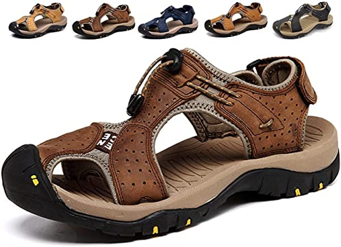 Sandalias Deportivas Hombres Seguridad Verano Exterior Senderismo Zapatos Trekking Casual Zapatos de Cuero Sandalias de Playa（Marrón Oscuro,43/44 EU,43 Tallas de la Marca