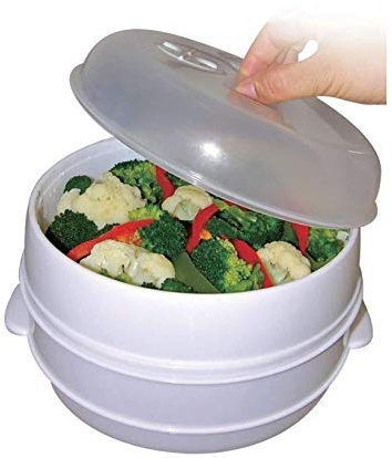 2-Tier Microwave Steamer for Vegetables, Fish, Poultry & Rice – BPA-Free Plastic, Vented Lid, Dishwasher Safe, Compact & Easy to Use for Healthy Cooking
