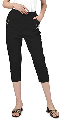 femiss Pantaloni Capri da donna corti da donna, pantaloncini corti elasticizzati a tre quarti, morbidi, elasticizzati, da infilare, estivi, a 3/4, taglie forti, Nero , 54