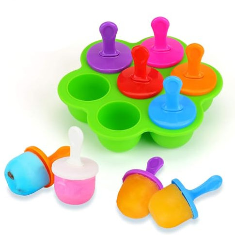 KATELUO Mini Stampo in Silicone per Ghiaccioli con Bastoncini di Plastica Colorati - 7 Scomparti Fai da Te, per Alimenti per Bambini Contenitore, Ghiaccioli, Mousse, Mini torta, Dessert Fai da Te