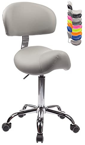 1stuff® Sattelhocker MULY BIGBACK Sattelstuhl mit Lehne - Sitzhöhe bis ca. 74cm - ergonomischer Rollhocker Arzthocker Arbeitshocker Praxishocker Drehhocker (Lederimitat hellgrau)