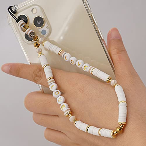 Böhmische Anti-Verlorene Handykette Handy Straps Vintage LOVE Alphabet Buchstabe Perlen Kette Bunte Perlen Strap Telefon Anhänger Mobile Phone Chain Handy Schmuck Hängende Schnur für Frauen, Weiß #1