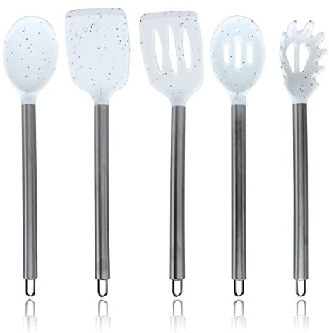 COOK WITH COLOR Silicone Cooking Utensils, 5 Pc Kitchen Utensil Set, Easy to Clean Silicone Kitchen Utensils, Cooking Utensils for Nonstick Cookware, Kitchen Gadgets Set (White Speckled)