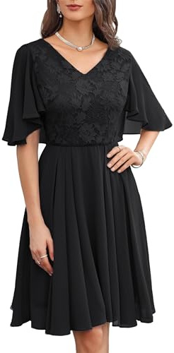 GRACE KARIN Robe d'Été à Manches Courtes Cape Robe Plissée A-Line Col en V pour Femme Robe de Cocktail en Mousseline de Soie 44 Noir