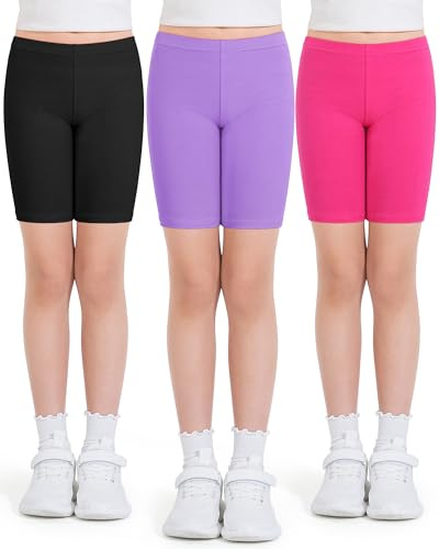 Auranso Girls Cycling Shorts 9-10 Years PE Dance Short Leggings Kids Summer Over Knee Half Length Cycle Shorts 3 Pack Black Rose Purple