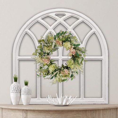 Sintosin Farmhouse Großer weißer gewölbter Fensterrahmen, Wanddekoration, 81,3 cm, hängend, Used-Look, Holz, rustikale Kathedrale, Fensterscheibe, Wanddekoration, Wohnzimmer, Eingang, Flur | Rustikale Kathedralen-Fensterscheibe, Wanddekoration, Wanddekoration, Wohnzimmer, Eingang, Flur, Weihnachten, Halloween