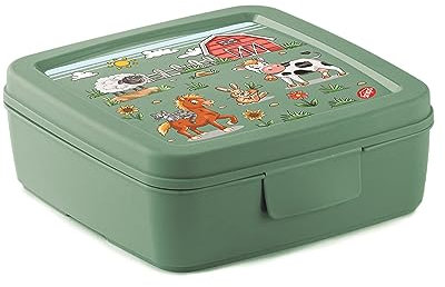 Snips Porta Sandwich, Porta Sandwich Bambino, Decoro Farm, Porta Merenda Bambini, Contenitore per Cibo, 14, 5x 14,5x 5,5 cm, Colore Verde, Made in Italy, 0% BPA