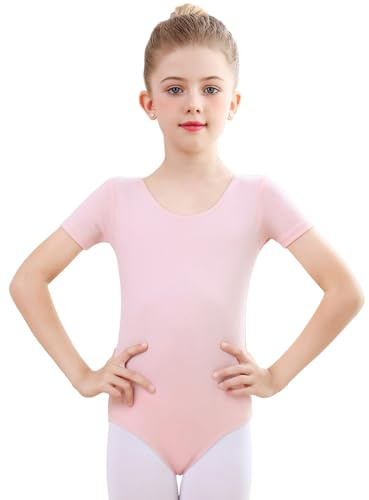 Monbessi Ballettanzug Mädchen Kurzarm - (Gr.100-150) - Tanzbody Gymnastikanzug, Baumwolle Ballettbody Kinder Ballett Trikot (140, Rosa)