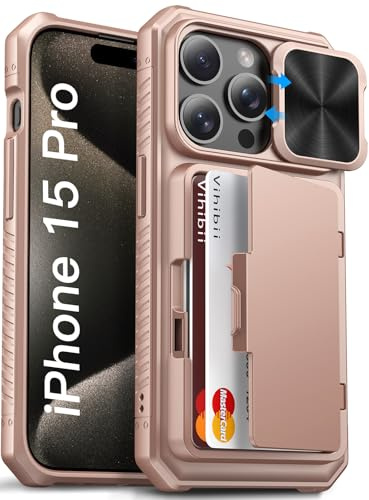 Vihibii for iPhone 15 Pro Case Wallet with Slide Camera Cover, Built-in Card Holder (4 Cards) & Kickstand, Heavy Duty Shockproof Rugged Phone Protective Case for iPhone 15 Pro 5G 6.1 2023, Rose Gold