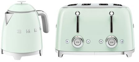 Smeg 50’s Style Retro Range Breakfast Set, 0.8L 1400W Mini Kettle and Multi-Functional Control 4-Slice 2000W Toaster, Pastel Green, KLF05PGUK/ TSF03PGUK