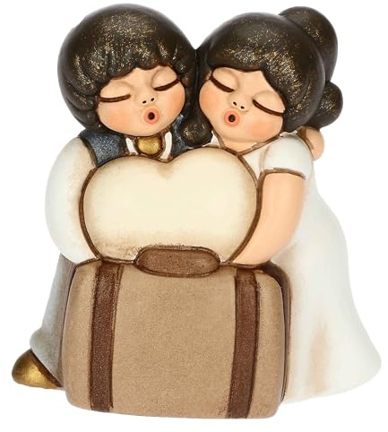 THUN, Bomboniera Sposini in Viaggio con Cuore e Valigia in Ceramica Decorata a Mano, Versione Piccola, 6.2 x 3.5 x 6.7 cm h