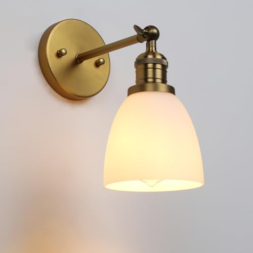 Pathson Retro Applique Murale Intérieure Crème Verre Cloche Abat-jour Lampe | E27 Luminaire Mural Intérieure Laiton, Lampe Murale Decorative de Salon, Salle de bain, Cuisine, Couloir,Ferme, Chambre, Bar