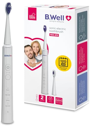 B.Well MED-870 Schallzahnbürste | 12 Reinigungsmodi & 4 Monate Akku | Schweizer Qualitätsstandards: 12 Modi, 2-Minuten-Timer mit 30-Sek.-Intervall, Induktionsladung und 2 farbige Bürstenköpfe.
