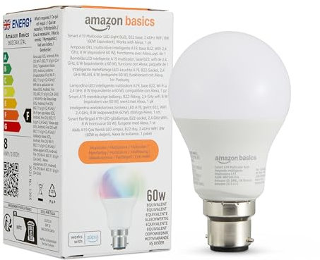 Amazon Basics Smart Multicolor LED Light Bulb, B22 Base, 8W (60W Equivalent), Works with Alexa Only, 1 Pack