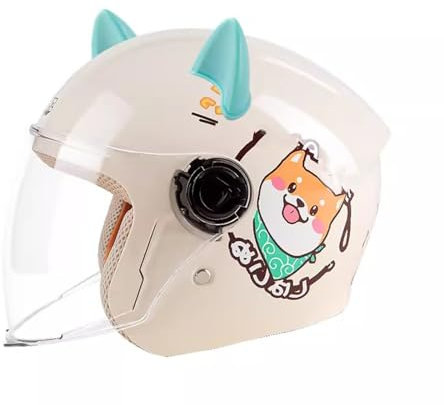 QJWMatic Four Seasons Kinder-Motorradhelm, 3/4-Halbhelm, süßer Retro-Jethelm mit Visier, Roller-/Straßenrad-/Mopedhelm für Jungen und Mädchen D,48-55CM