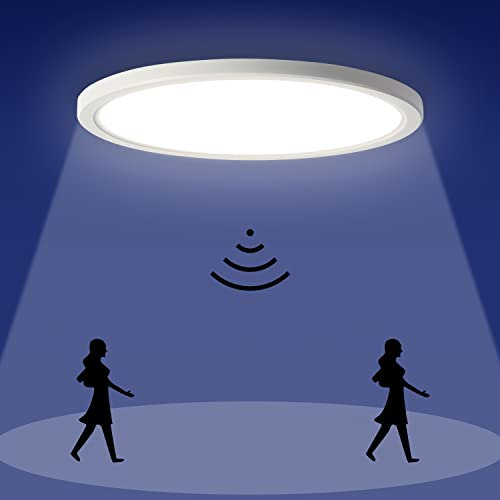 Epochglo Led Deckenlampe mit Bewegungsmelder, Lampe mit Bewegungsmelder innen, 18W 1800lm 4000K Deckenleuchte Flach IP44 für Flur/Keller/Badezimmer/Garage, 22cm, Ultra Dünn, Rund, Weiß