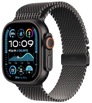 Apple Watch Ultra 2 GPS + Cellular 49 mm Sportwatch con robusta cassa in titanio Nero e Loop in maglia milanese Nero - Small. Fitness tracker, GPS di precisione, luminoso display Retina