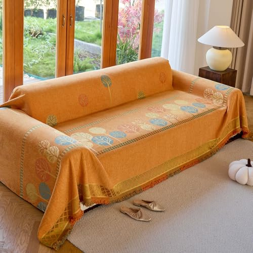 Treer Chenille Sofaüberwurf Decke mit Quaste, Baum Muster Sofa Überwurfdecke Couch Überwürf L Form Ecksofa Reversibel Sofadecke Couchdecke Sessel Decke 1 2 3 4 Sitzer (180x180cm,Orange)