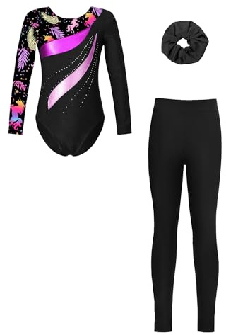Jydiazi 3er/ 4er Mädchen Turnanzug Langarm Mit Hose Lang Kurz Kinder Beduckte Gymnastik Body Leggings Haargummi Wettkampf Tanzkleidung A_Schwarz 134-140