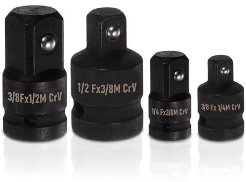4-Piece Impact Adaptor Set - 1/4, 3/8, 1/2 Step Up and Down Reducer for Impact Drivers and Wrenches, Durable CR-V Steel with Black Phosphate Finish for Automotive and DIY Use