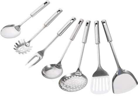 Hemobllo Set Utensili Cucina 7 Pezzi in Acciaio Inossidabile Design Foro per Appendere e Facile Pulizia Colore Argento per Accessori Cucina Pratici e Resistenti