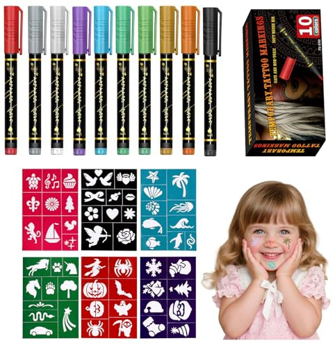 Werownsgso Set di 10 penne per tatuaggi per bambini, con 56 stencil per tatuaggi, temporanei, per adulti e bambini, con brillantini, impermeabili, delicate sulla pelle, per Halloween, carnevale