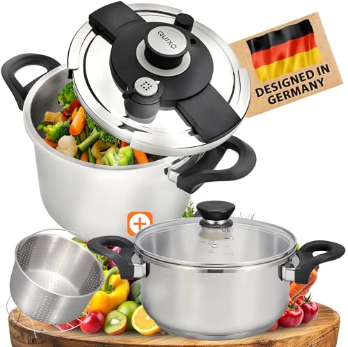 QUIXO Schnellkochtopf 6+4L VitaSmart Dampfkochtopf Induktion | Quicksafe-Verschluss mit Kochsignal, 2 Garstufen (6+4L + Garkorb & Glasdeckel)