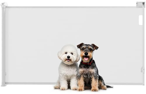 PawHut Barrière de sécurité Chien rétractable, Largeur 149 cm, Filet de Protection Extensible, barrière d'escalier et de Portes pour Chien Verrouillage Automatique, Blanc