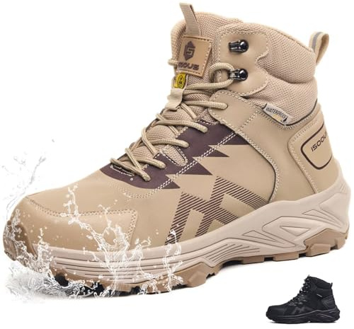 CYKYGGO Chaussures de Sécurité Hommes Montante S3 Imperméable Bottines de Sécurité Femme ESD Basket Travail Légère Embout Acier Beige EU 45
