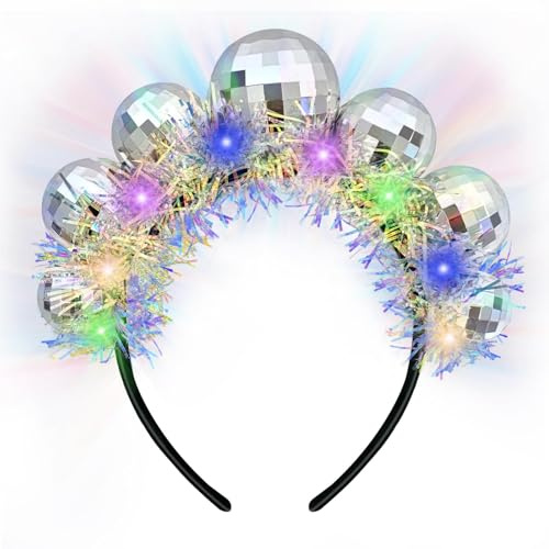 Haarreif Discokugel LED, Disco Accessoires Damen Discokugel Haarreif mit Licht, Vintage Spiegelball Kopfschmuck LED Discokugel Haarband für 70er 80er Jahre Disco Party, New Year, Karneval (Silber-A)
