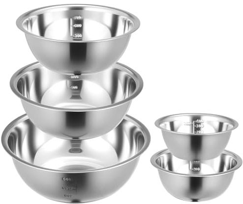 Mixing Bowls Set Stainless Steel Nesting Bowls with Measurement Markings Metal Storage Salad Bowls for Preparing Serving Dishwasher Baking Cooking Salad Prep Space Saving (Stainless Steel, 5 Bowls)